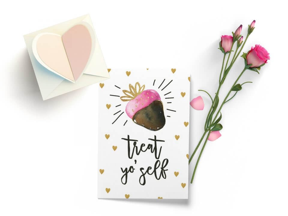 Sending sweet Valentine's Day wishes with a heartwarming card adorned by a luscious illustration of a chocolate-dipped strawberry, accompanied by delicate golden hearts. Placed next to romantic roses and a beautifully crafted paper heart