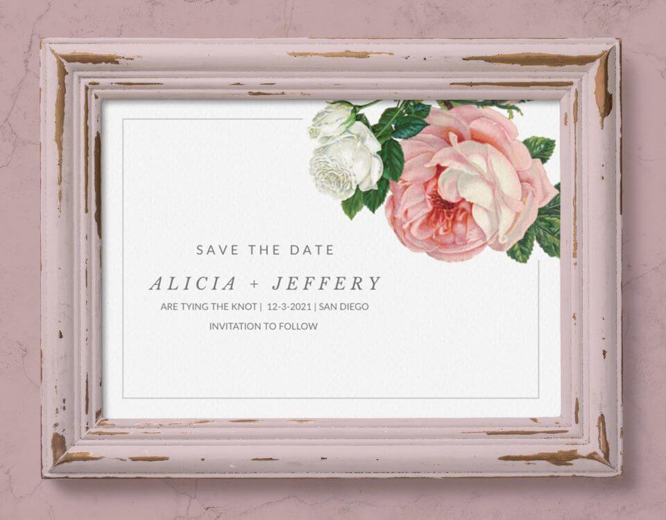 Roses-Adorned Save the Date Wedding Card Design, Framed in Weathered Wood.
