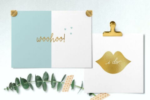 Engagement celebration cards: One card is white with a gold trim, bearing the exclamation 'woohoo!'. The other features a light blue and white design with gold text reading 'i do'. Both rest on a bright surface beside a delicate branch. Evokes joy and commitment for an upcoming wedding.