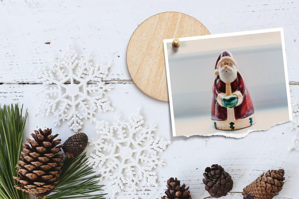 Santa Claus Presents 12 Christmas Games for a Celebration Everyone Will Love: Festive photos capture the Christmas spirit, displayed against a white wooden backdrop adorned with pine tree cones.
