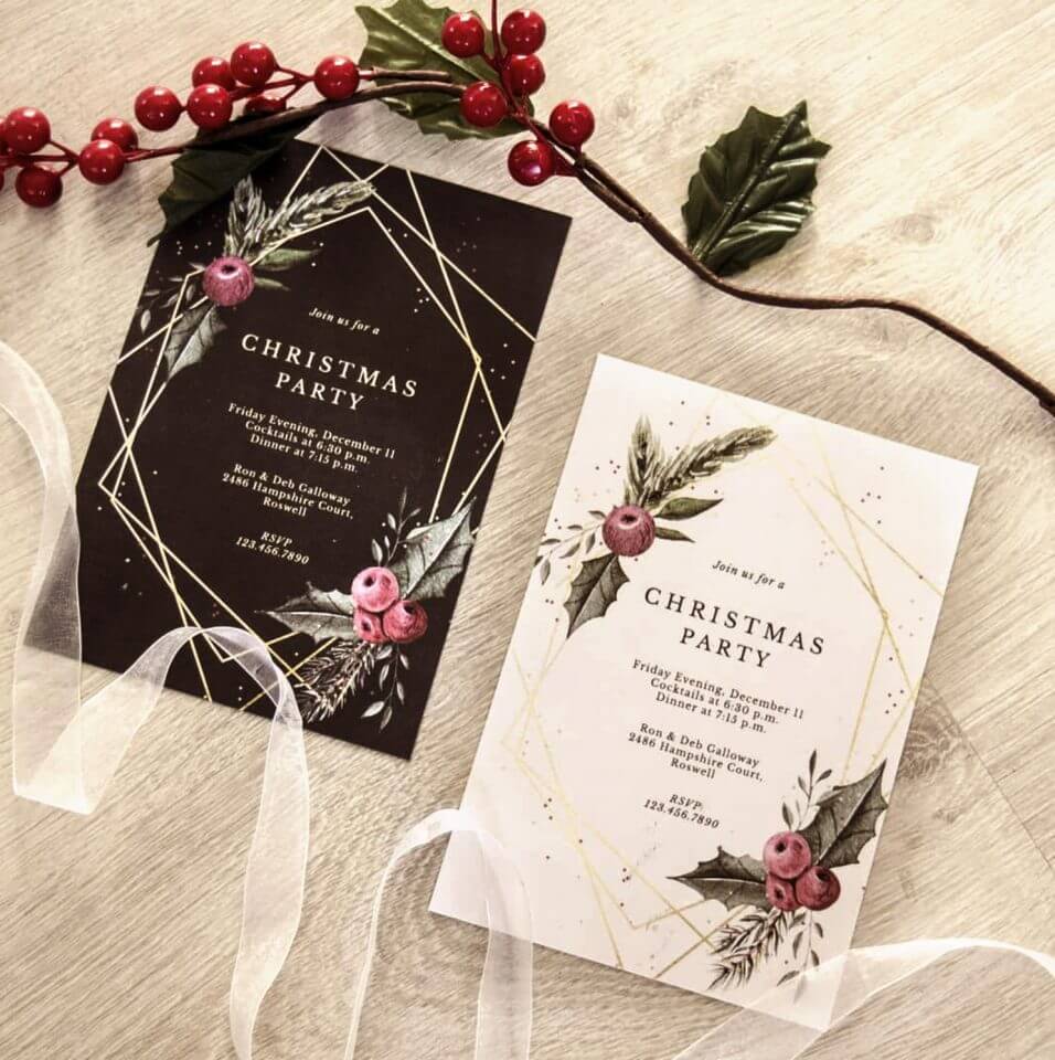 Explore the festive charm of Greetings Island's Instagram with family-friendly outdoor Christmas games. The Christmas party invite features an elegant black and white design for a touch of sophistication.