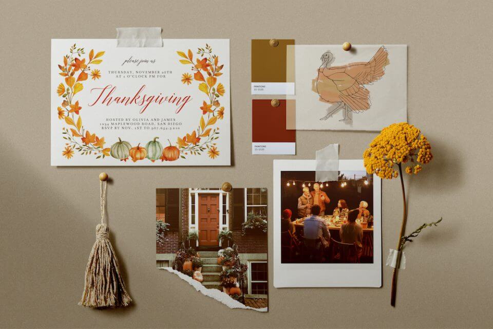 cover for '12 Memorable Thanksgiving Games for the Outdoors' blog post, Featuring a Landscape Format Invite Adorned with Fall Foliage. Accompanied by a Yellow Flower, Two Images, and an Illustration.