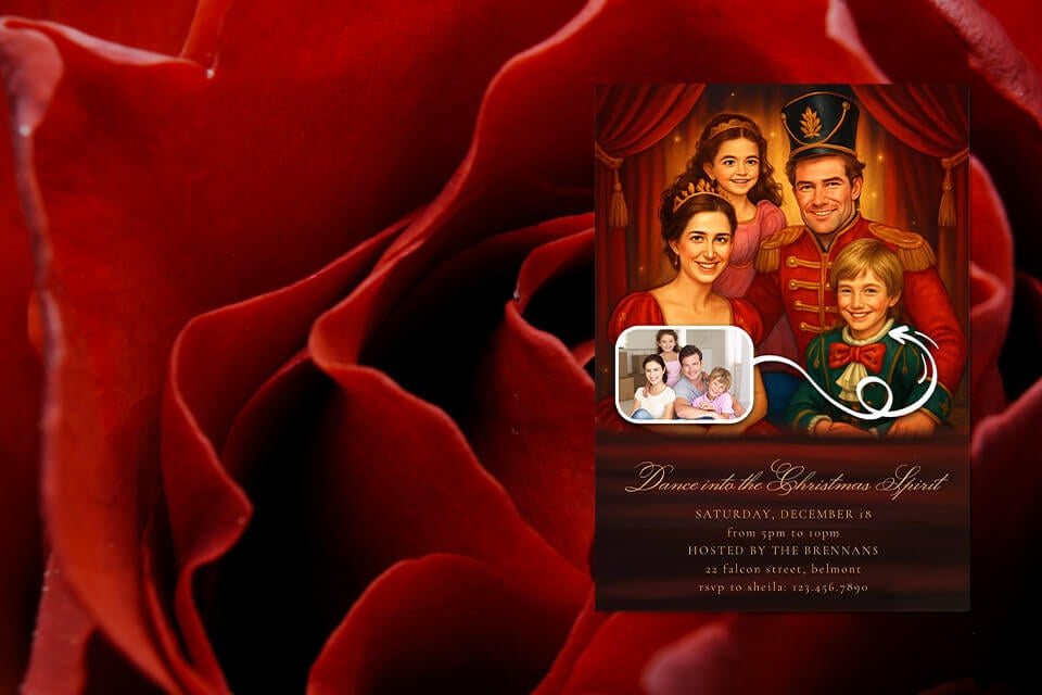 christmas-at-the-palace-christmas-invite-family-magic-photo Custom AI-generated holiday invitation styled like a vintage painting, featuring a family dressed in Nutcracker-inspired costumes on a grand stage with red curtains. The parents and two children wear regal attire with crowns, bows, and a soldier’s hat. A circular inset shows the real family photo used for personalization.