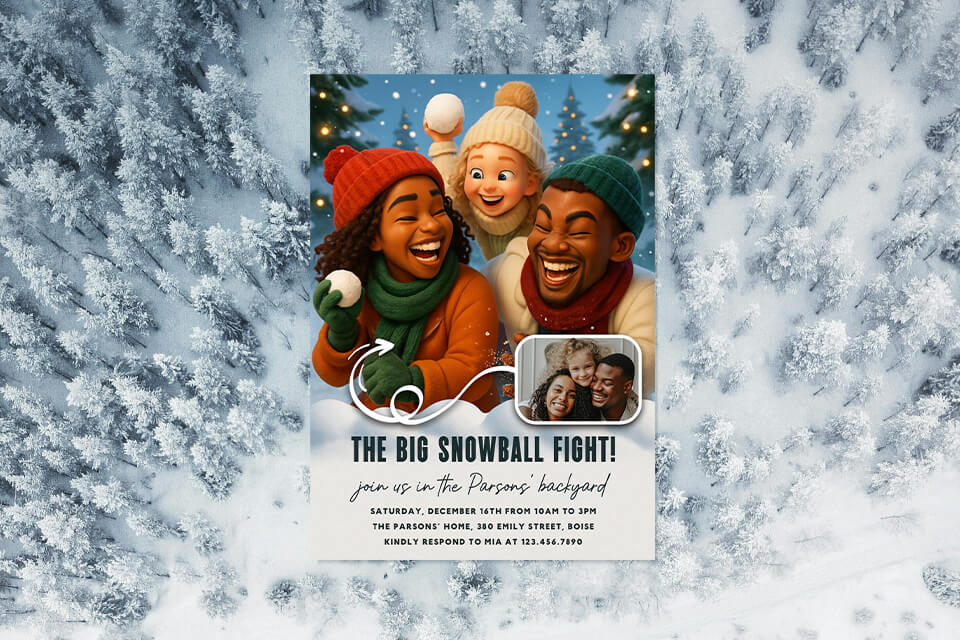 snowball-fight-christmas-invite-famiy-magic-photo Custom AI-generated holiday invitation card featuring a cheerful family bundled in colorful winter hats and scarves, laughing and holding snowballs during a snowball fight. A circular inset shows the real family photo used for personalization.