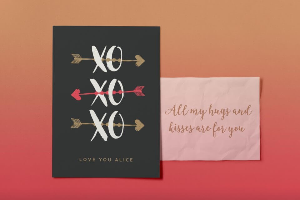 XO XO XO Love Card: 100+ Romantic Love Messages & Wishes, Artistic XO Pattern with Arrows, Gold 'Love You Alice' Text, and a Handwritten Letter Nearby