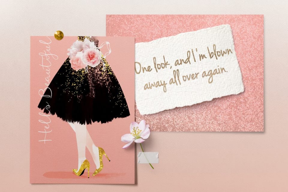 Elegant Love Card: Delicate Flowers, Glitter Accents, 'Hello Beautiful' Text, Illustration of Lower Body in a Tulle Black Skirt and Golden Heels, Set on a Pink Surface with a Nearby Handwritten Note