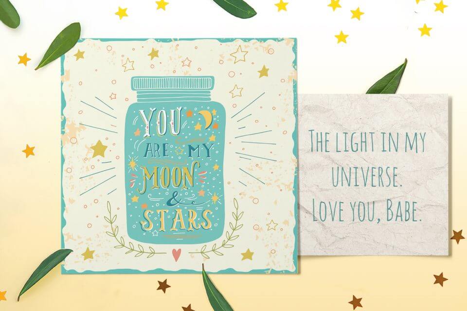 You Are My Moon and Stars: Typography Design with Illustrations of Stars and Moon Encased in a Jar on a Card, Resting on a Warm Yellow Surface Near a Thoughtful Note