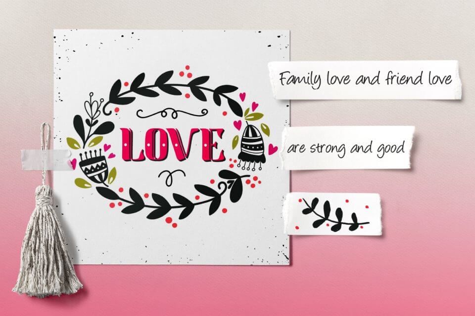 All We Need Love Card: Bold 'Love' in Vibrant Pink Centered, Accented with Ink Drawings of Lush Greenery in Black, Accompanied by Tender Notes Neighboring the Card