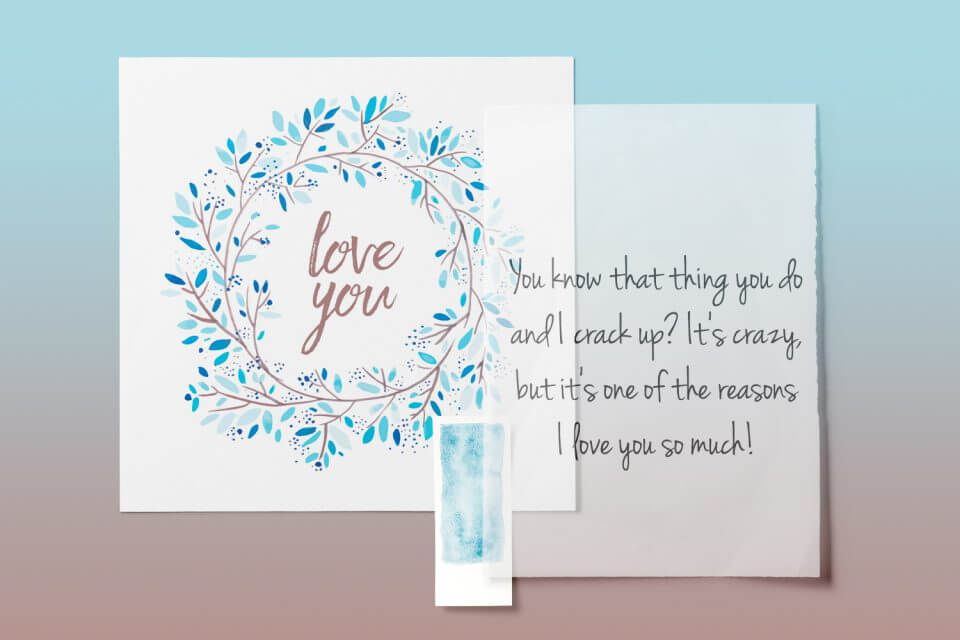 Blue Love Card: 'Love You' in Brown, Surrounded by Watercolor Leaves. Blue Branches Form a Wreath. Note on Top."
