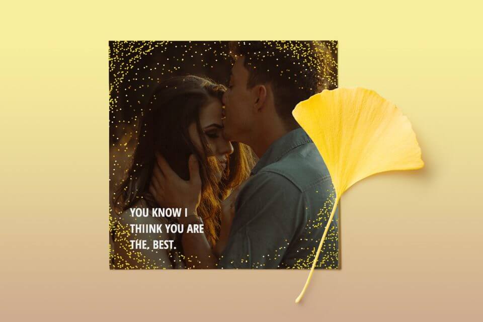 'You Know I Think You Are the Best' Text Atop a Tender Couple Photograph with a Gentle Forehead Kiss. Golden Sprinkles Adorn the Image, Resting on a Sunny Yellow Surface Near a Cheerful Yellow Flower.