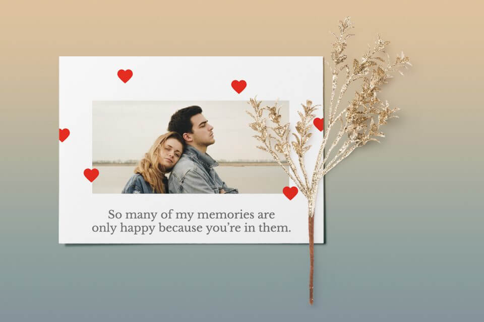 Signs of Love: Couple's Photo with Tiny Red Hearts, Text Below on Card.