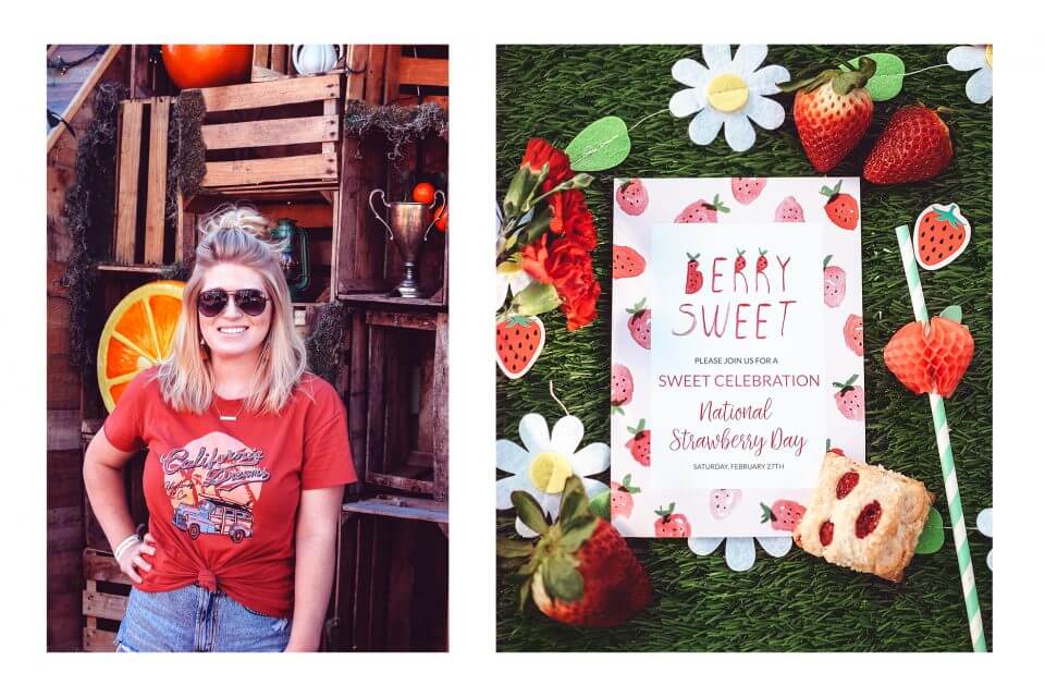 Strawberry invitation design featuring a berry sweet theme with illustrations of strawberries juxtaposed with actual strawberries. On the other side, a captivating portrait of a woman at a lively party adds a delightful touch.