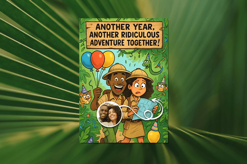 another-year-another-adventure-birthday-card-love-magic-photo (1) Personalized illustrated birthday card featuring a cartoon couple dressed as jungle explorers, holding balloons and a map in a lush jungle setting, with playful animals, party details, and the headline ‘Another year, another ridiculous adventure together!