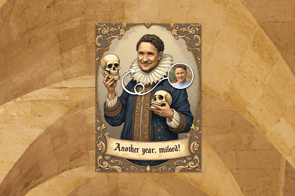 another-year-milord-birthday-card-magic-photo-ai-for-him (2) Personalized illustrated birthday card in a Renaissance style showing a man in historical attire holding two skulls, with ornate vintage framing, a small photo reference inset, and the caption ‘Another year, milord!
