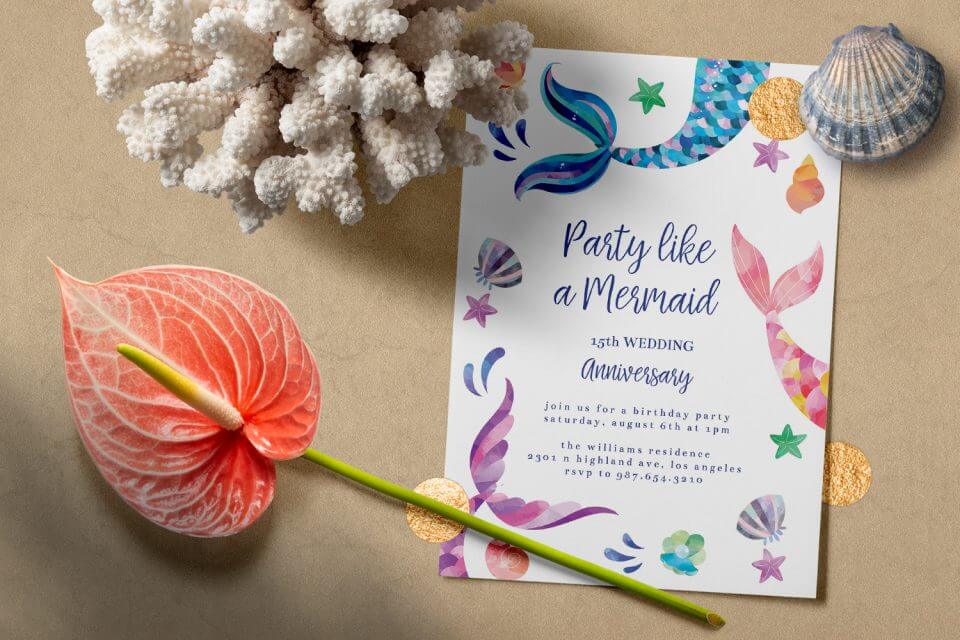 Mermaid-themed invitation: 'Party Like a Mermaid' with vibrant tail illustrations. Adjacent coral, shell, and vivid orange flower for an oceanic celebration!