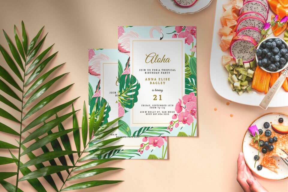 Get ready for 20 Unforgettable Summer Party Themes! Kick off the festivities with a Luau Aloha card invitation, setting the tropical vibe for a vibrant festival featuring flamingos and more. Picture the scene with inviting plates of assorted fruits, promising a summer celebration filled with flavor and fun