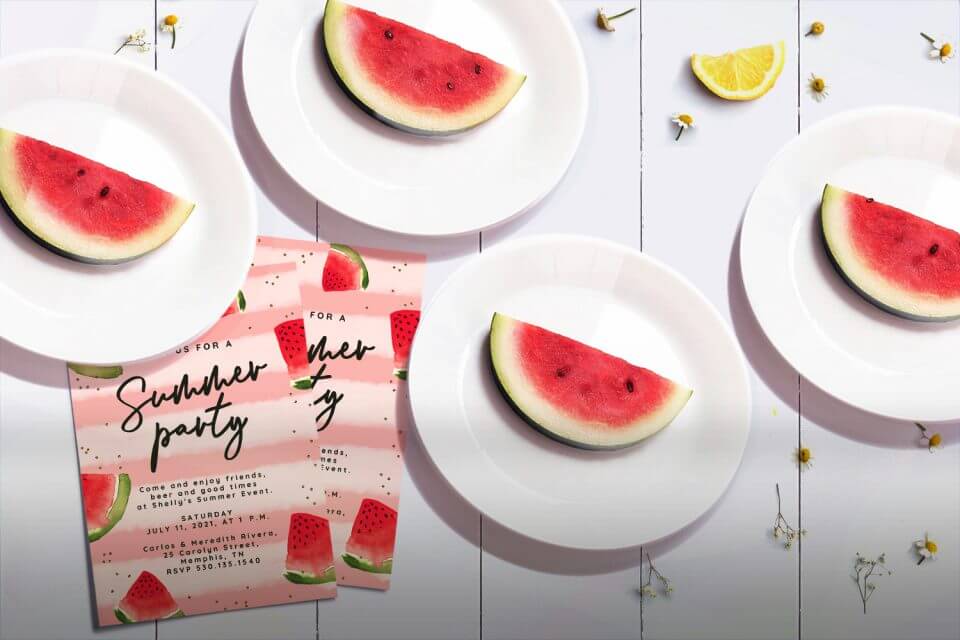 Savor the flavor of summer with a delightful scene of watermelons adorning a table, their juicy slices served on plates. Nestled nearby are invitations to a summer party, beautifully embellished with whimsical watermelon designs, promising a refreshing and festive celebration