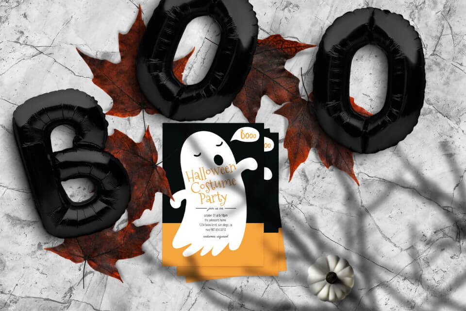 Halloween Costume Party Invitation featuring an Illustrated Friendly Ghost, with Bold 'Boo! Halloween Costume Party' Text in Vibrant Orange and Black.