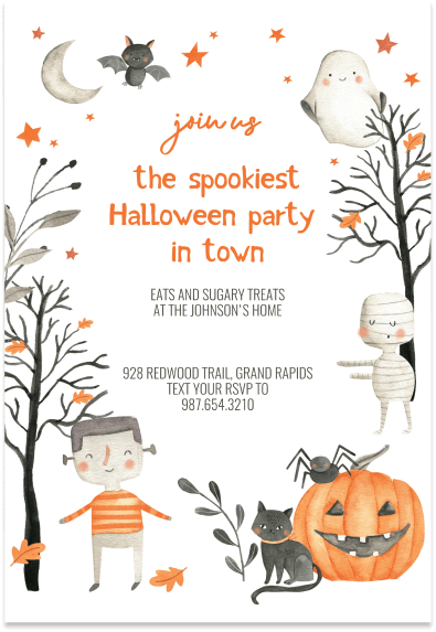 Halloween invitation with a spooky theme, showcasing a pumpkin, black cat, eerie trees, moon, stars, and a delighted child.