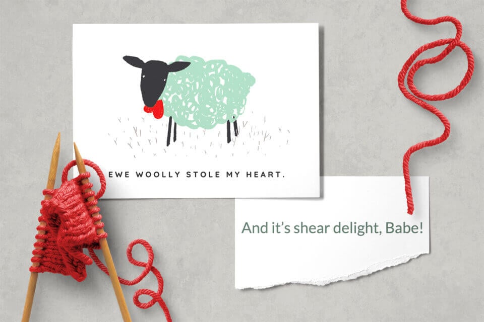 Ewe Woolly Stole My Heart! A sweet sheep illustration holding a heart card for Valentine's Day.