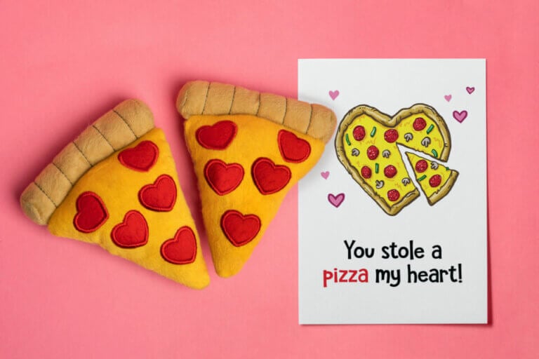 60+ Funny Valentine Quotes & Messages: Cute Pizza Love Card Idea. Featuring a card with a heart-shaped pizza and a cut slice for extra charm!