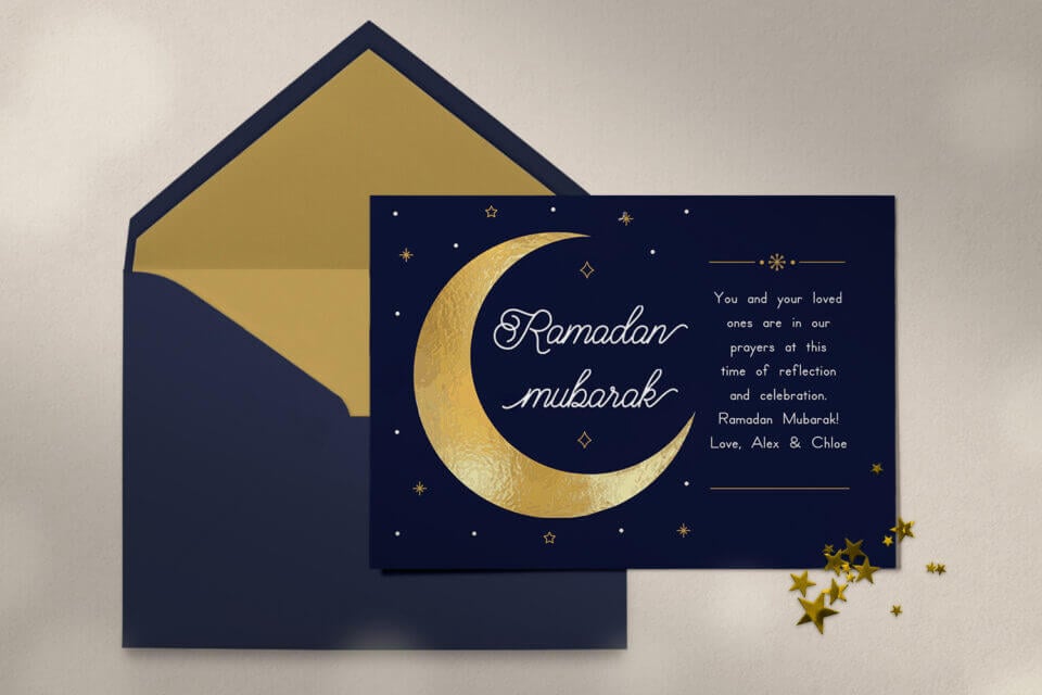 Celebrated Light" Ramadan Card: A captivating design featuring a golden crescent moon against a dark background, radiating the essence of Ramadan. The elegant "Ramadan Mubarak" text adds a touch of celebration to this luminous greeting card.