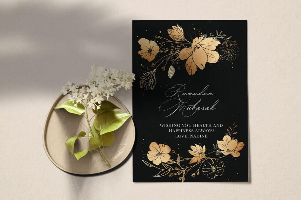 Golden Flowers Ramadan Greeting Card: A stunning card adorned with intricate golden flowers, emanating inspiration and celebrating the joy of the holiday season. Perfect for conveying heartfelt wishes during this special occasion.