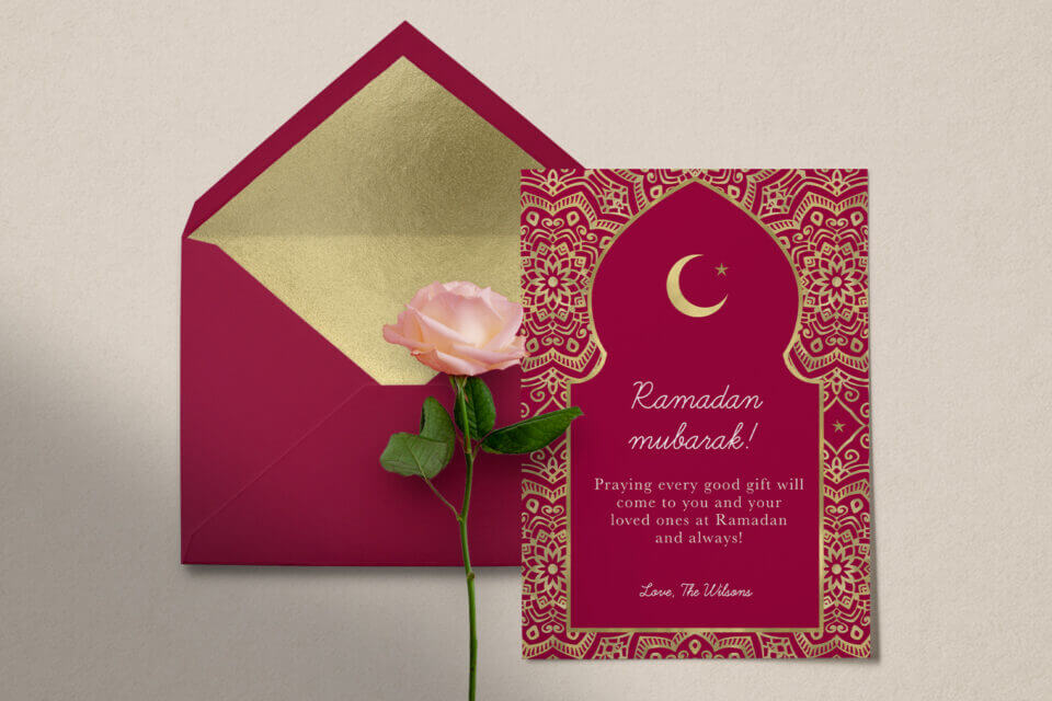 "Golden Night" Ramadan Card: Set against a rich burgundy background, this card exudes elegance with its intricate gold ornamental line illustration, culminating in a majestic crescent moon. A harmonious blend of sophistication and festive allure.