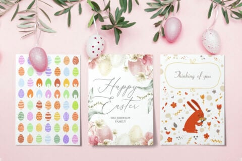 Vibrant Easter scene: A light pink surface adorned with three Easter cards surrounded by colorful Easter eggs, complementing the joyful spirit of 62 Easter greetings and messages. Celebrate the season with warmth and cheer.
