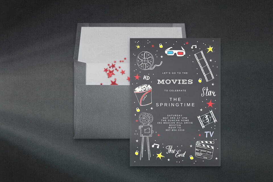 Springtime Movie Party Invitation: An elegant black invitation, adorned with captivating illustrations of movie elements, sets the scene for a delightful movie night celebration amidst the vibrant ambiance of spring.