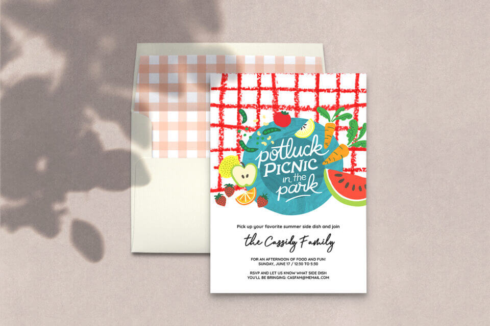 Picnic in the Park Potluck Invitation: An outdoor spring gathering beckons with this delightful potluck invitation. The design features illustrations of a picnic plate and an assortment of fresh fruits, setting the stage for a communal feast in the open air.
