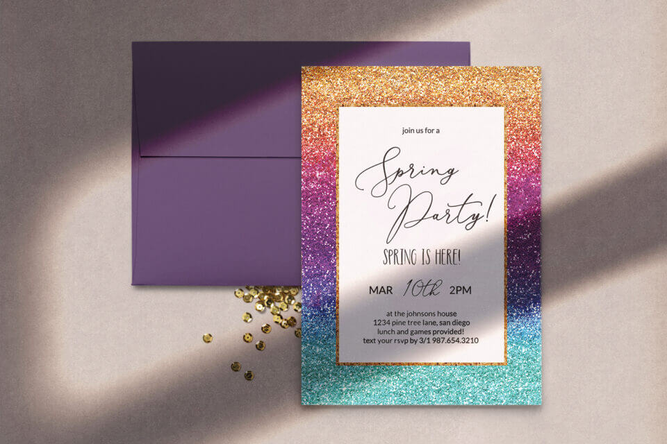 Sparkling Rainbow Glitter Party Invitation: Encased in a regal purple envelope, this invitation radiates festivity with a dazzling glitter border. Perfect for heralding a vibrant and joyful spring party with its enchanting touch of sparkle.