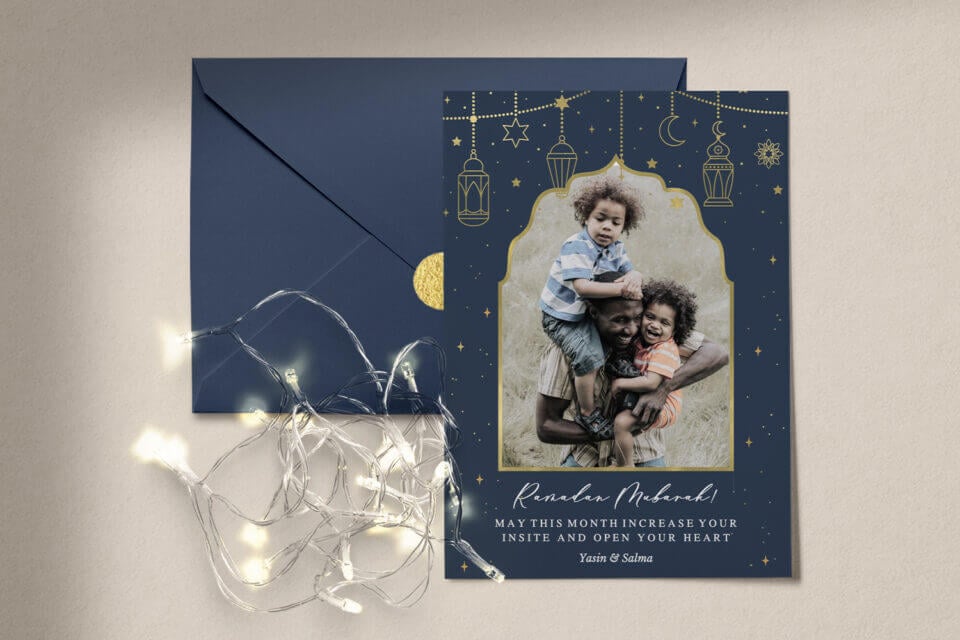 "Radiant Ramadan Lights" Card: A captivating blend of inspiration and celebration, this holiday card features a family portrait at its center, surrounded by intricate gold ornamental line designs. A luminous expression of joy and togetherness during the festive season.