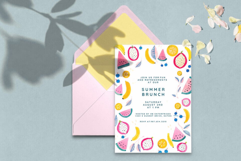 Vibrant Summer Brunch Invitation: A refreshing invitation for a summer brunch, adorned with lively illustrations of bananas, watermelon slices, passion fruit, and dragon fruit. The vibrant array of fruits sets the perfect tone for a delightful and sunny gathering.