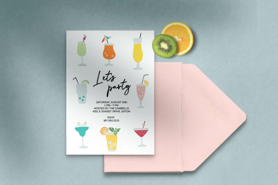 Cocktail Extravaganza Invitation: A lively party invite featuring a pink envelope, adorned with a vibrant "Let's Party" text and playful illustrations showcasing an array of delectable cocktails. A spirited and enticing call to celebrate!