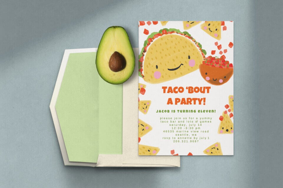Taco Fiesta Extravaganza Invitation: A lively green envelope houses this festive invitation adorned with an avocado motif. The centerpiece is a delightful illustration of a taco smiley and nachos, setting the mood for a joyous and flavorful taco party.