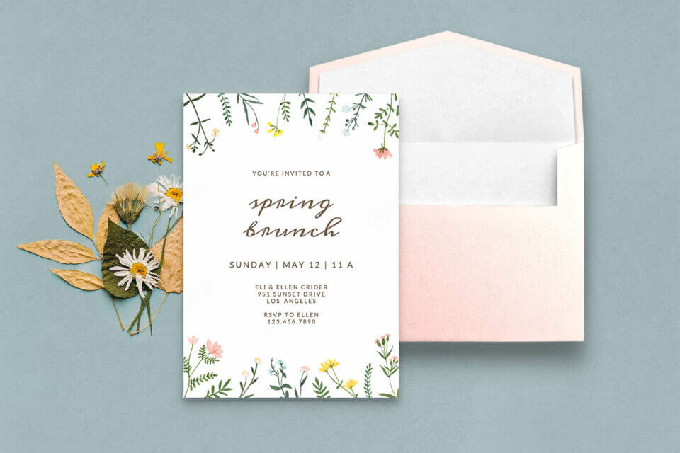 Wildflower Watercolor Party Invitation: Embrace the essence of spring with this elegant and simple brunch invite, adorned with a charming watercolor design of wildflowers. Perfect for setting the tone for a delightful and refined spring celebration.