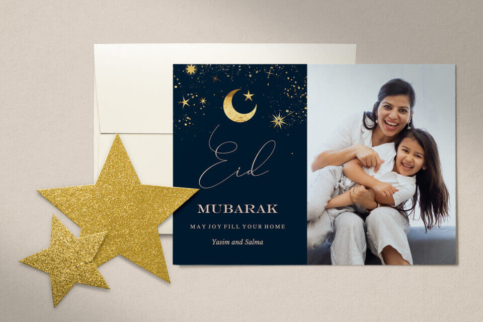 Split-Screen Ramadan Celebration" Card: A heartwarming image featuring a split screen with a crescent moon, stars, and a joyful family, conveying warm greetings and holiday messages. A perfect depiction of the joyous spirit of Ramadan.