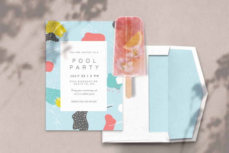 Chill by the Pool Party Invitation: A cool light blue invitation featuring a vibrant design of colorful splashes, with a playful popsicle accent nearby. Dive into the fun with this refreshing invite that perfectly captures the essence of a lively poolside celebration.