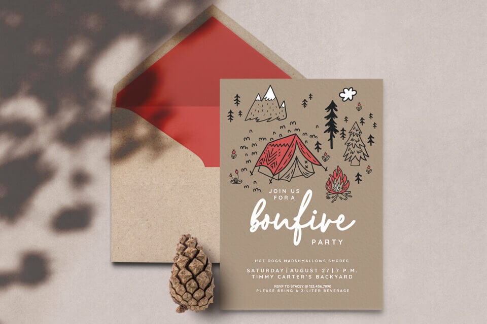 Warm Gathering Dinner Party Invitation: An inviting invitation for a potluck party, adorned with a charming line drawing of a campsite and the enticing phrase "Bonfire." The perfect blend of coziness and camaraderie, setting the tone for a delightful dinner under the stars.