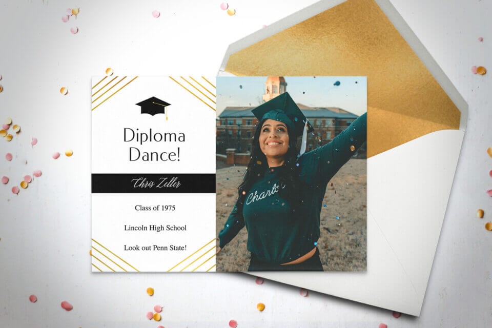 A Confetti Gold and Pink Graduation Announcement card and matching envelope, showcasing a prominent photograph of a woman proudly wearing a graduation cap. 