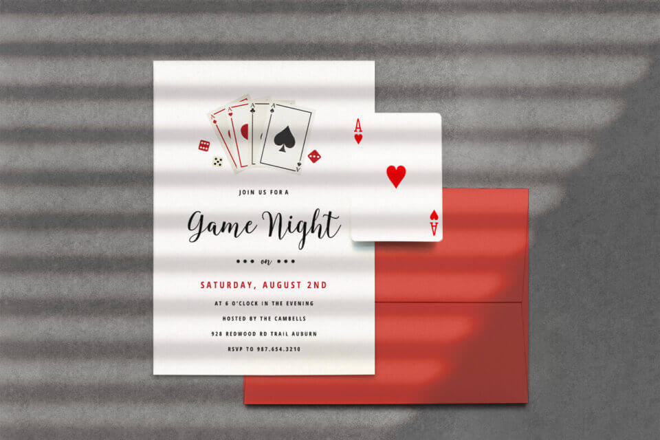Poker Night Game Party Invitation: Get ready for a thrilling game night with this enticing invitation enclosed in a vibrant red envelope. The perfect prelude to an evening of strategic fun and camaraderie.