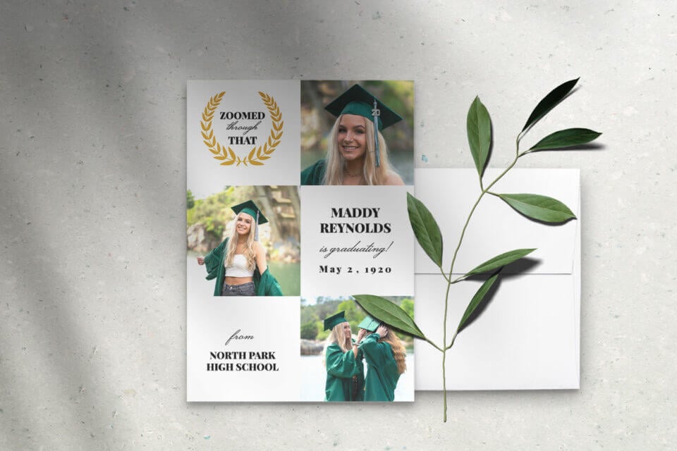 A Green and White Graduation Announcement card and matching envelope, prominently featuring photographs of a woman dressed in graduation attire. 