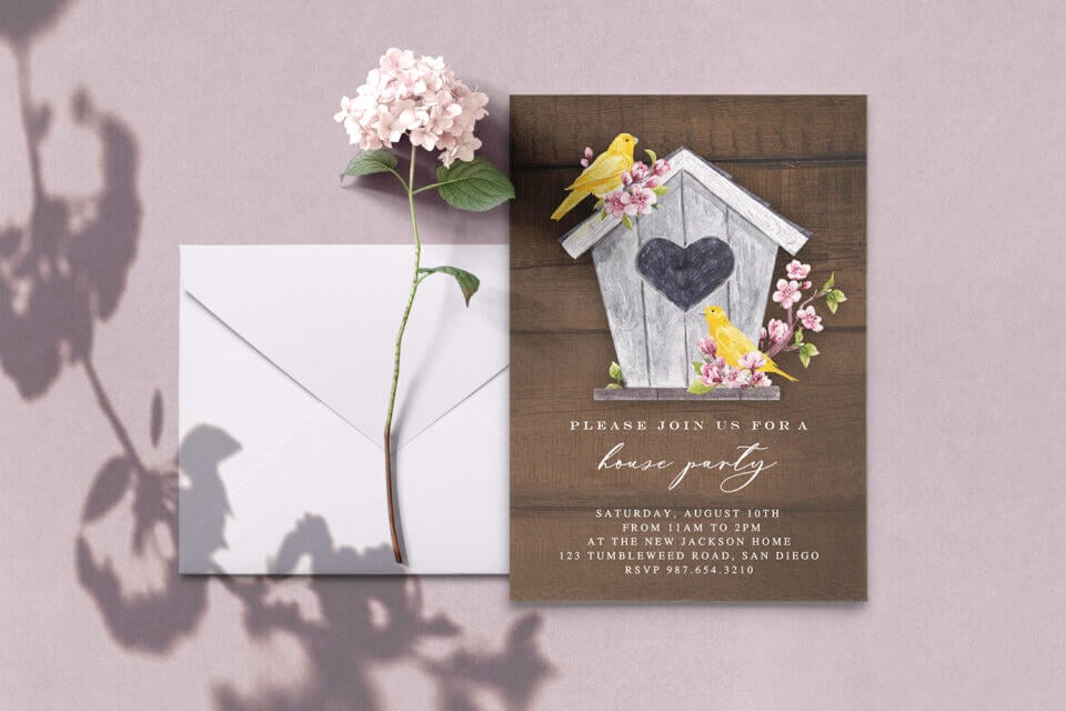 Rustic Birdhouse House Party Invitation: Immerse yourself in the charm of a rustic-themed gathering with this delightful invitation, adorned with a drawing of a birdhouse and two cheerful yellow birds. A perfect blend of warmth and whimsy for your upcoming celebration.