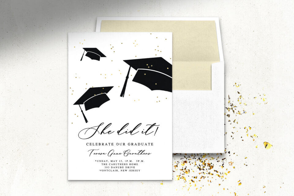 Graduation Party invitation and envelope, glitter gold