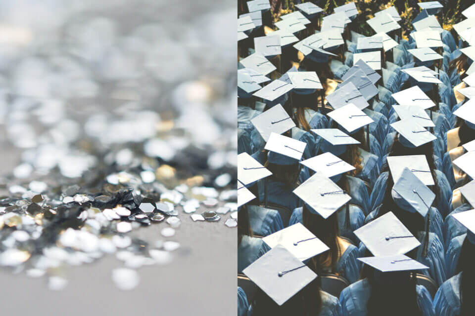 A graduation-themed design featuring blue and gray square hats, symbolizing inspiration and friendship among graduates. The hats are accented with silver glitter, adding a sparkling and celebratory touch to the design. 
