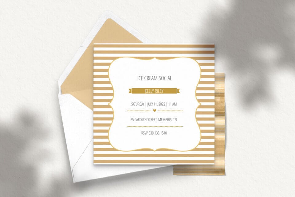 Chic Gold and White Striped Square Invitation with Elegant Text Inside a Frame
