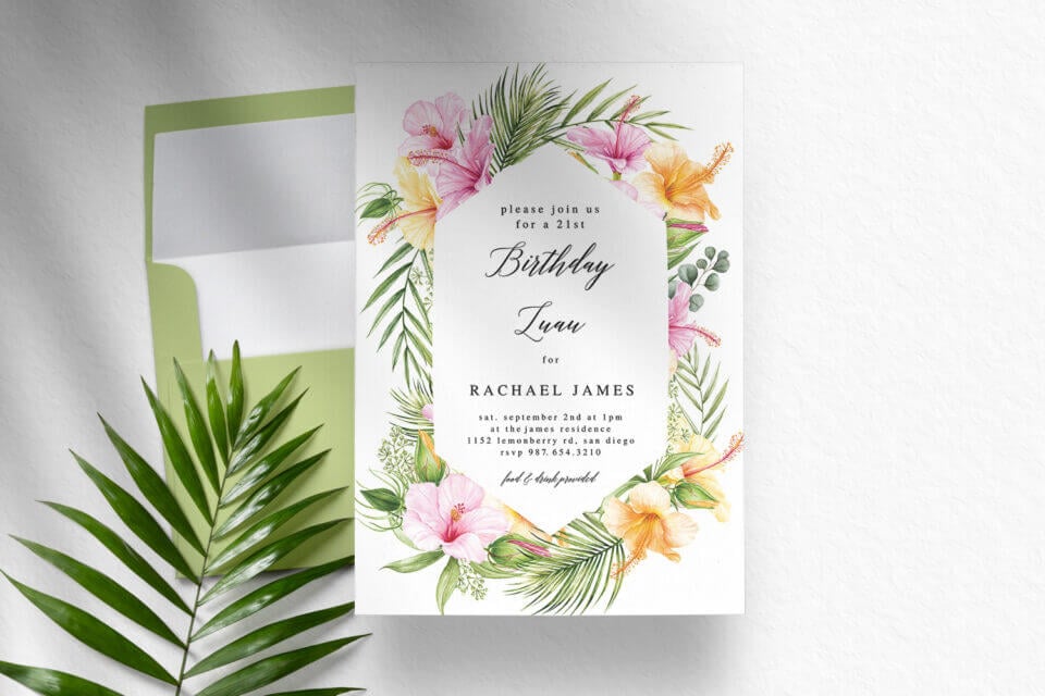 Tropical Luau Flower Wreath Invitation: Elegant Black Text Centered on Vibrant Floral Wreath. Perfect for Backyard Birthday Party Ideas for Adults.