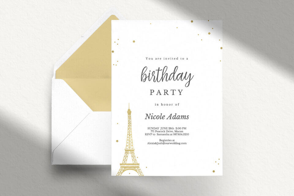Glittering Gold Parisian Night Birthday Party Invitation with Eiffel Tower Illustration