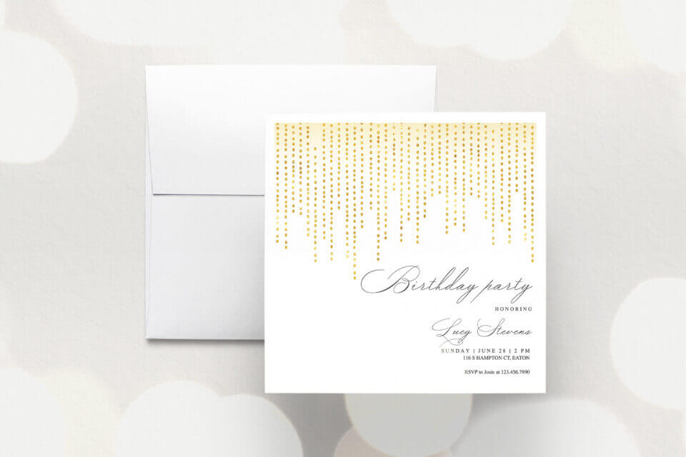 glitter gold birthday invitation, white envelope 